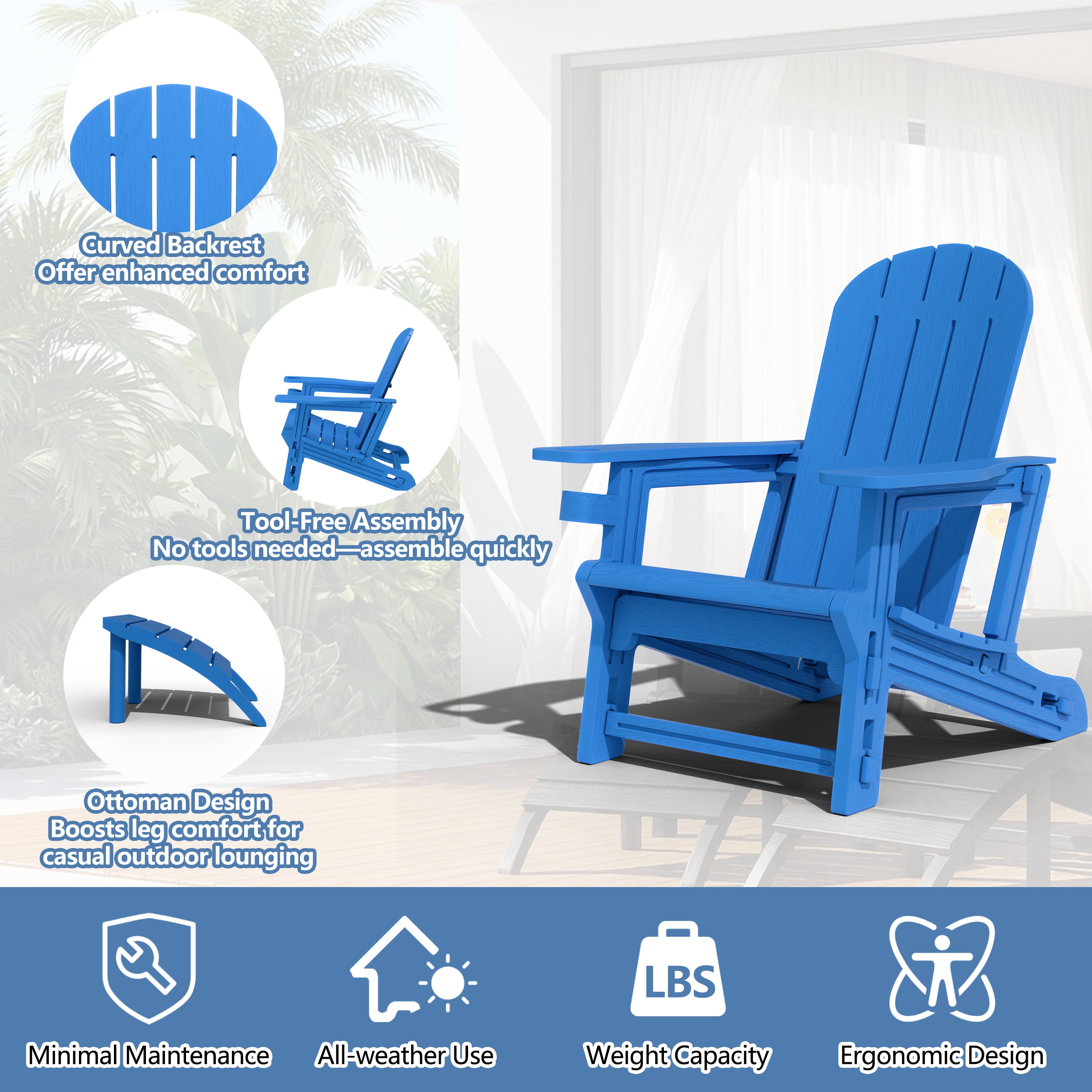 Walsunny Adirondack Chairs Set of 2 HDPE Outdoor Chair Set with Connecting Tray Cup Holder Removable Tabletop Pull-Out Footrest,All-Weather HDPE Outdoor Chair Set,Blue