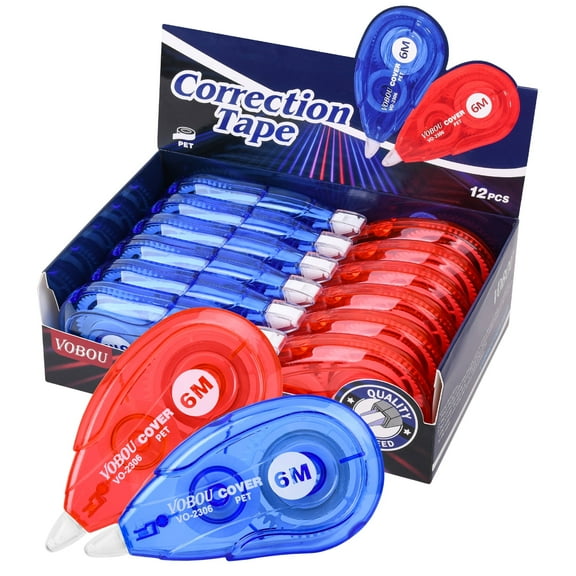 Whiteout Correction Tape, Eraser for Note Taking, Marking, Crafting, Bullet Journal, Scrapbooking (Red and Blue, 12Count, 6M/256")