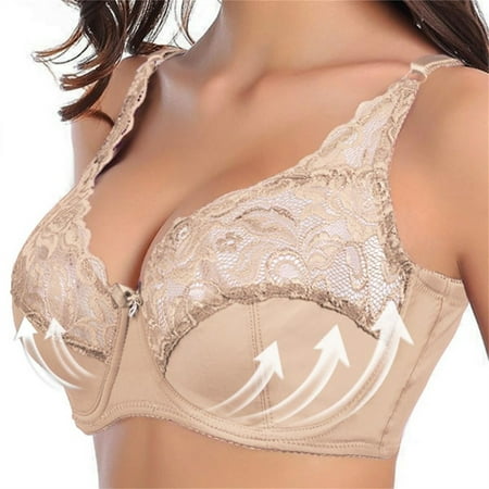 

KDDYLITQ Compression Wirefree High Support Bra for Women Unpadded Push Up Lace Underwire Unlined Bra Full Coverage Non Padded Beige 36C
