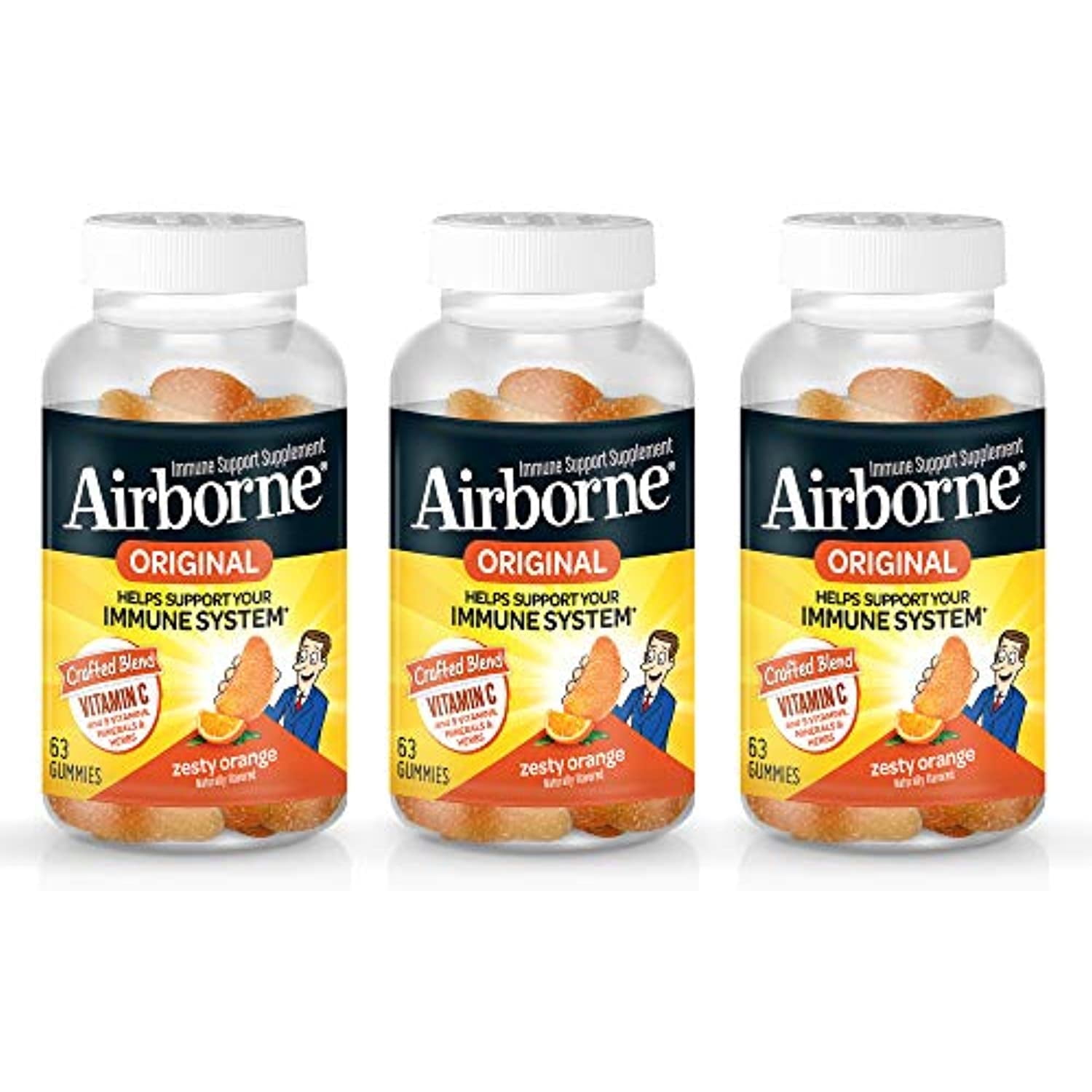 Airborne 750mg Vitamin C Immune Support Supplement Gummies for Adults, Zesty Orange Flavor, Gluten Free Crafted Blend with Powerful Antioxidants Vitamins A C & E, 63 Gummies (3 Pack)