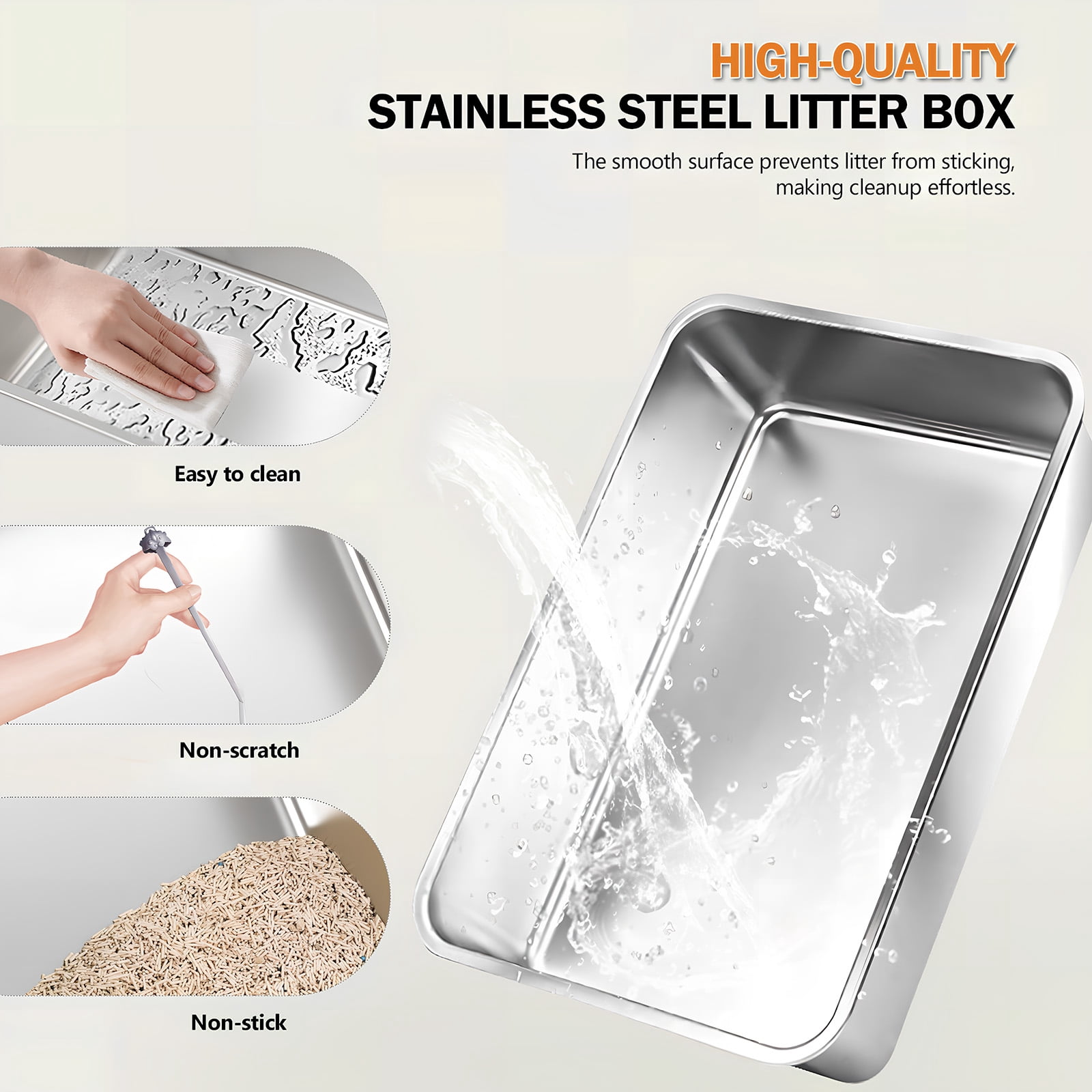 Furrbby Covered Stainless Steel Litter Box, Large High Side for Cat, Grey