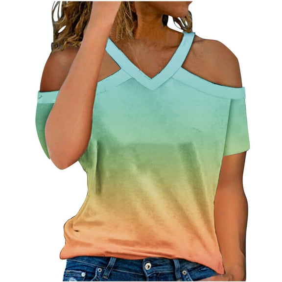 Women's 2025 Summer Short Sleeve V Neck Off Shoulder Top Gradient Print Casual Blouse Lightweight Loose Fit Shirt for Beach Vacation Outing