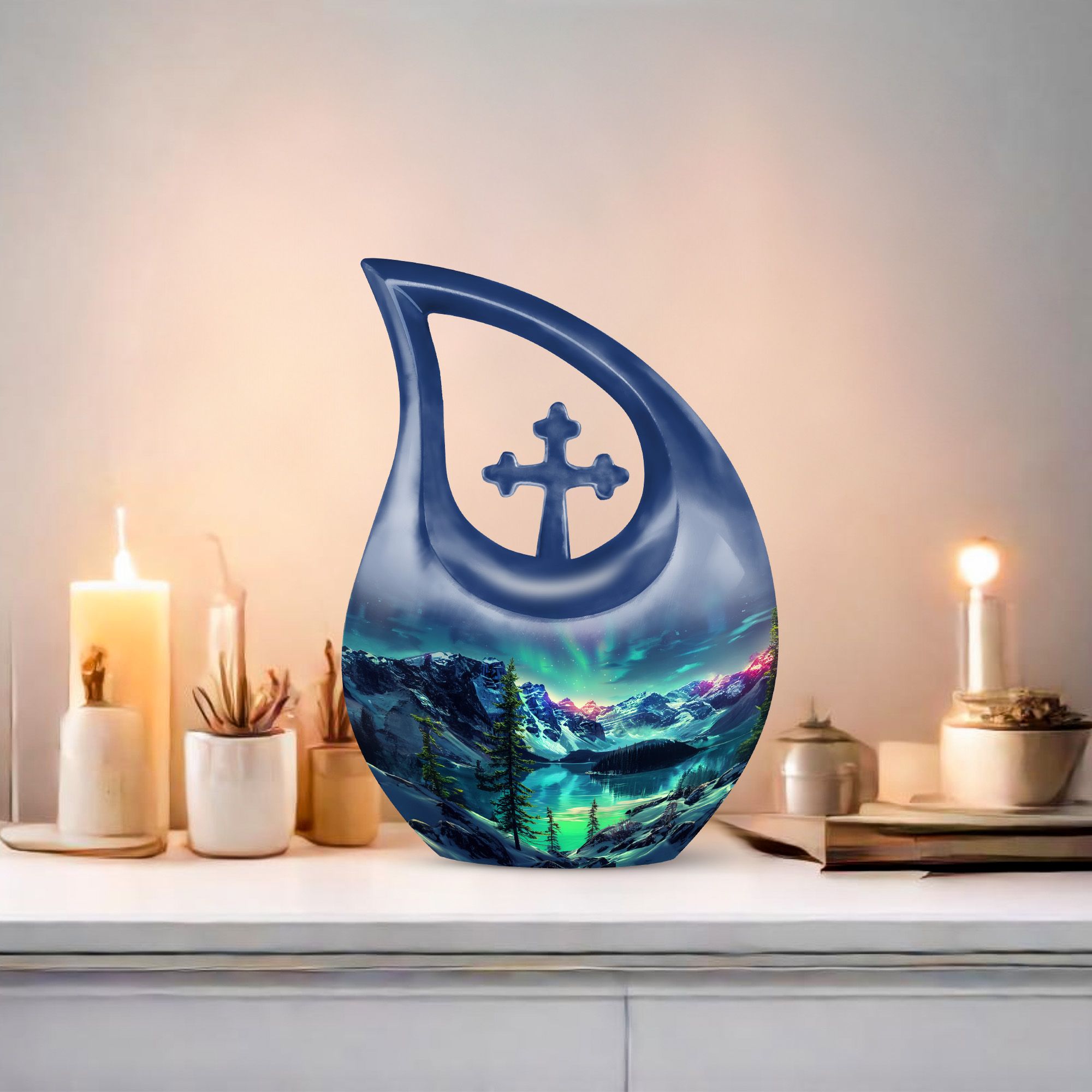 MUKTIVE Aurora Funeral Cremation Urns for Adult Ashes Grandmother - Mountain Memorial Urn for Human Ashes Adult Male & Female - 10 Inch Large Decoration Urn for Human