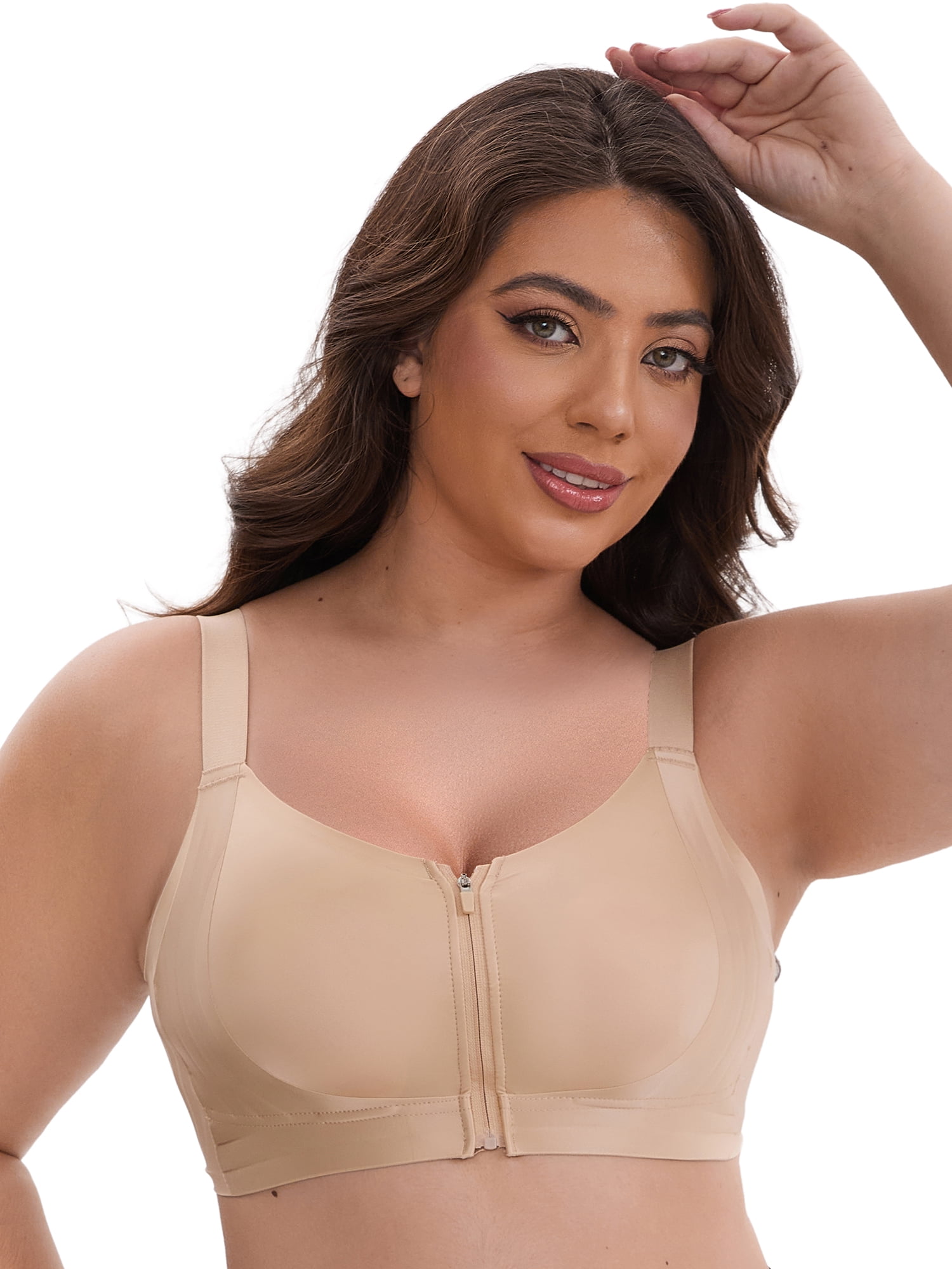DARING DIVA Zip Front Lift Up Wirefree Full Soft Cup Breathable Bras M Beige