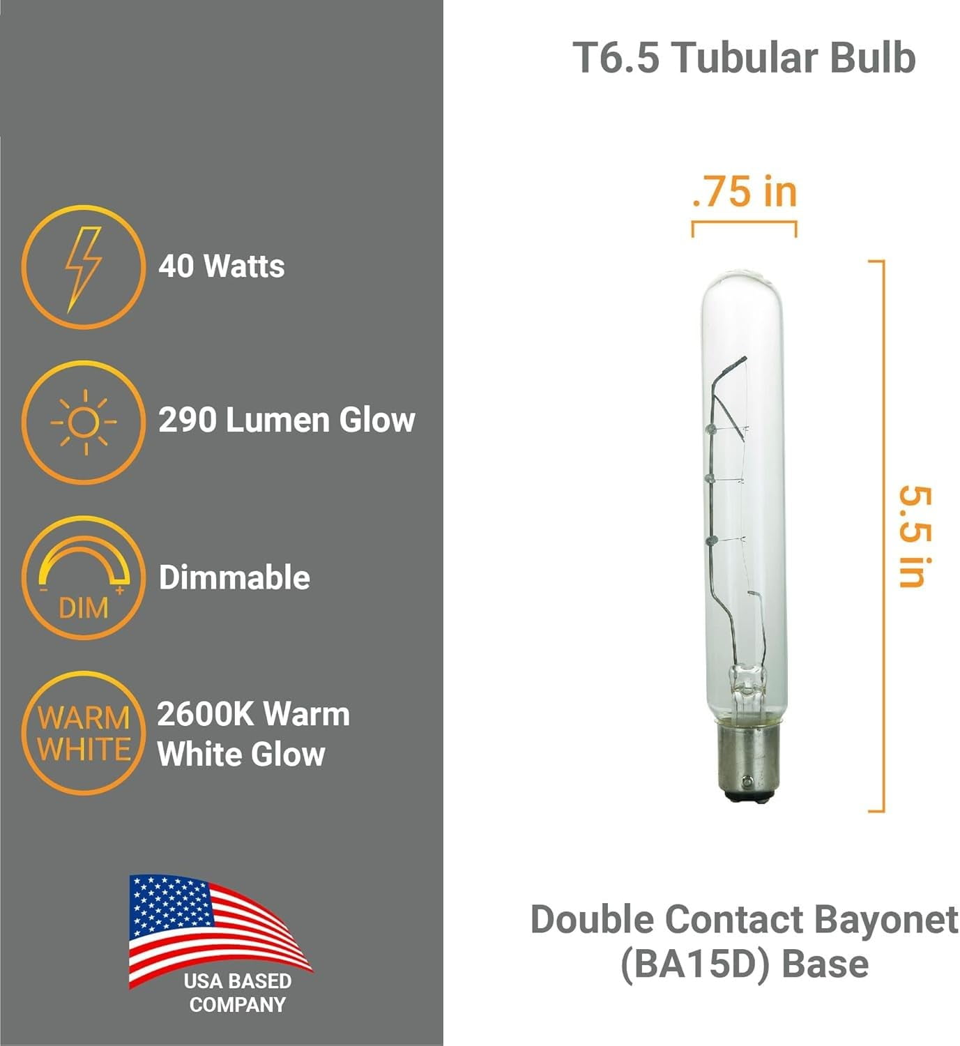 Diodesy- Pack of 6 40T6.5/CL/DC Incandescent Tubular Light Bulbs, Clear Tube T6.5 Bulb, 40 Watt, 2600K Warm White, 290 Lumen, Double Contact Bayonet (BA15d) for Lamp/Office, 130V, Title 20 Compliant
