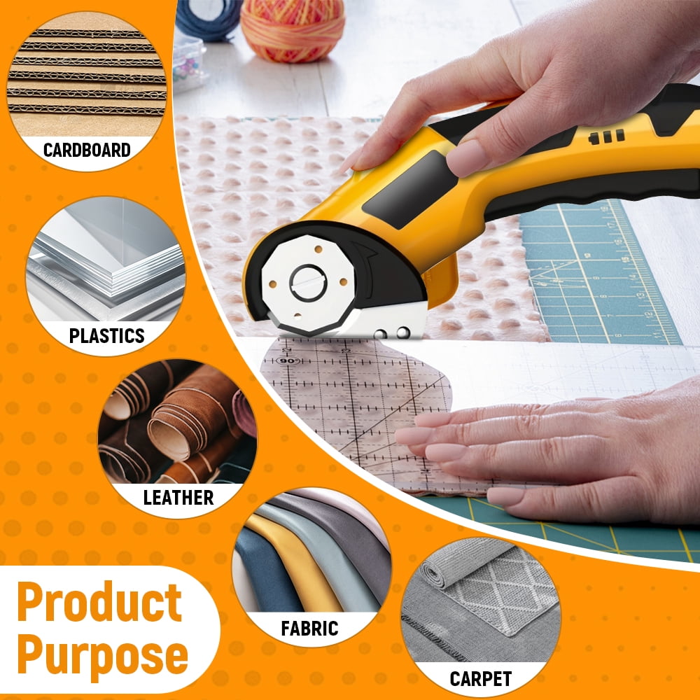 Cordless Electric Scissors,Cardboard Cutter, Rechargeable Cardboard Cutter, 4 Blades, Safety Lock & LED Light, Box Cutter for Carton Carpet Plastic Fabric Leather(Yellow）