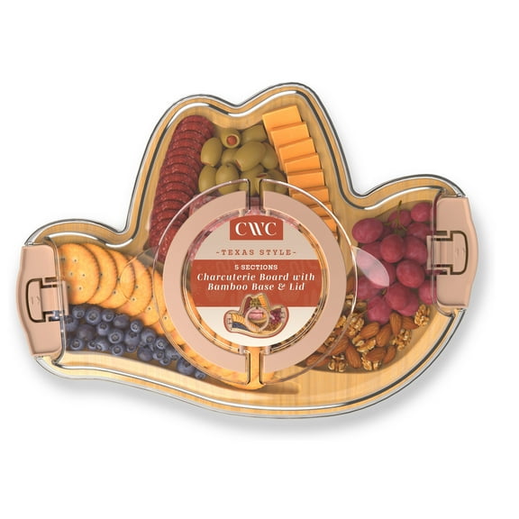 Cook With Color Texas Cowboy Hat Shaped Charcuterie Board with Cover – 3 Compartments, Bamboo with Built-In Handle