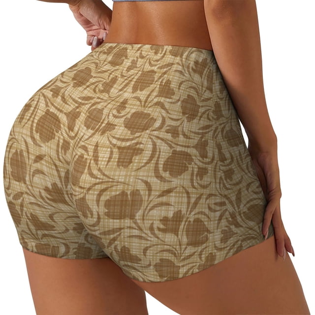 Fotbe Brown Flowers Shorts Sin Costuras – Shorts Deportivos de Cintura Alta para Mujer, Elásticos para Gimnasio, Yoga, Running o Ciclismo-Small