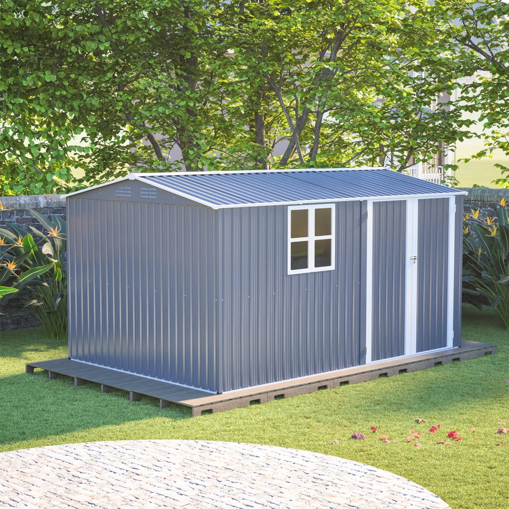 8x12 FT Steel Storage Shed, With Floor frame，Hinged Gray Doors & 4 Ventilation Openings with Window for Patio & Garden Use