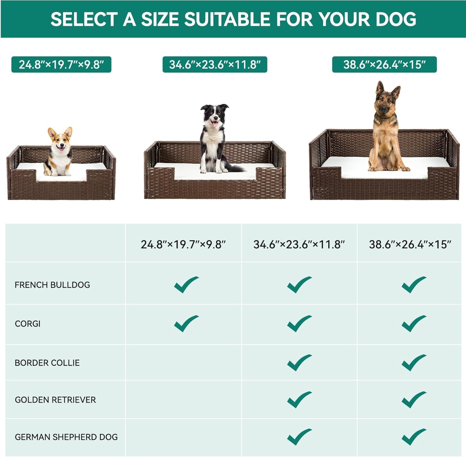 Rattan Pet Sofa Bed with Cushion, Wicker Dog Cat Bed Couch Indoor Outdoor Waterproof for Large Medium Small Pets, 34.6"L x 23.6"W x 11.8"H, Beige