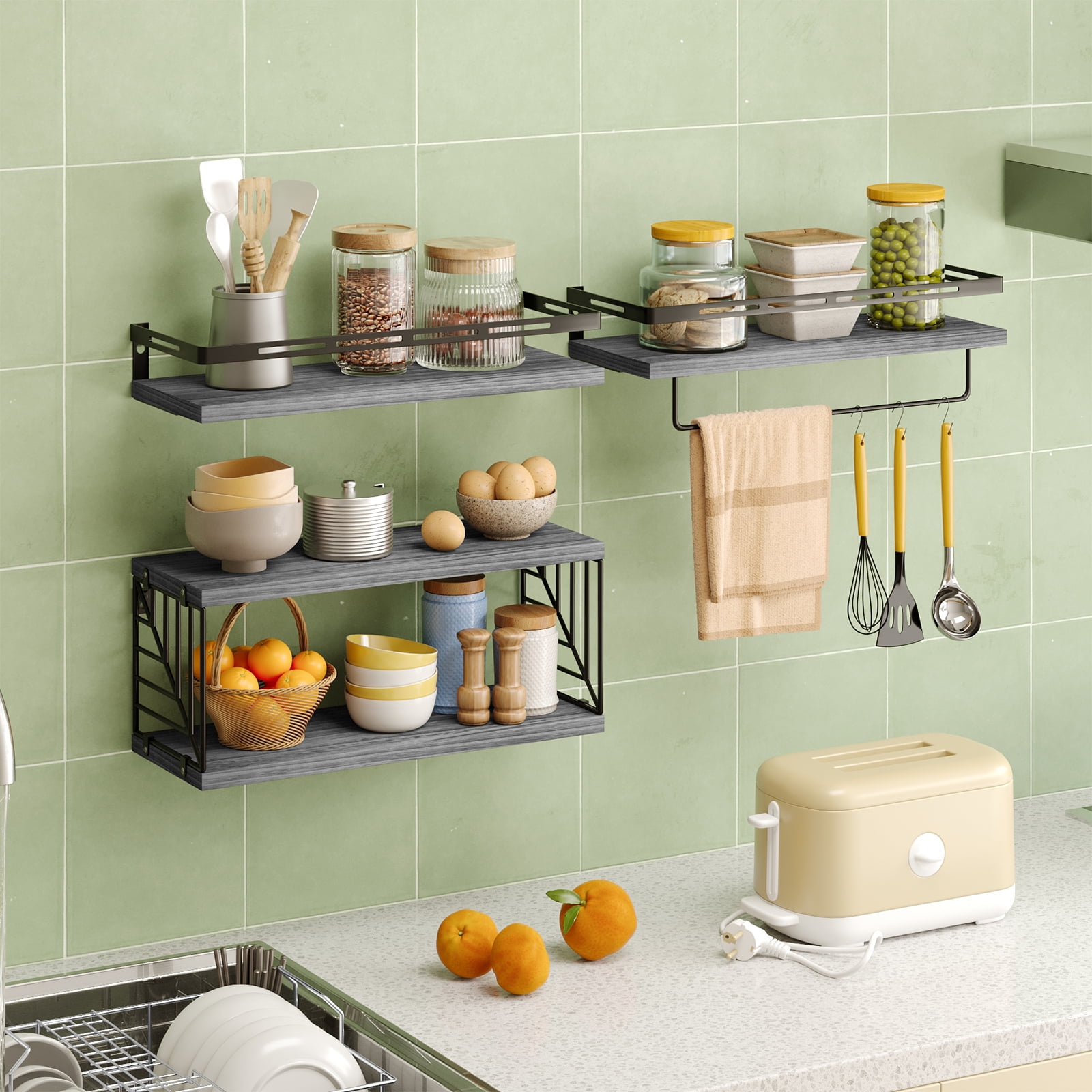 Fairy 4pcs Bathroom Floating Shelves Over Toilet, Wall Shelves with Towel Bar for Bathroom, Living Room (Gray)