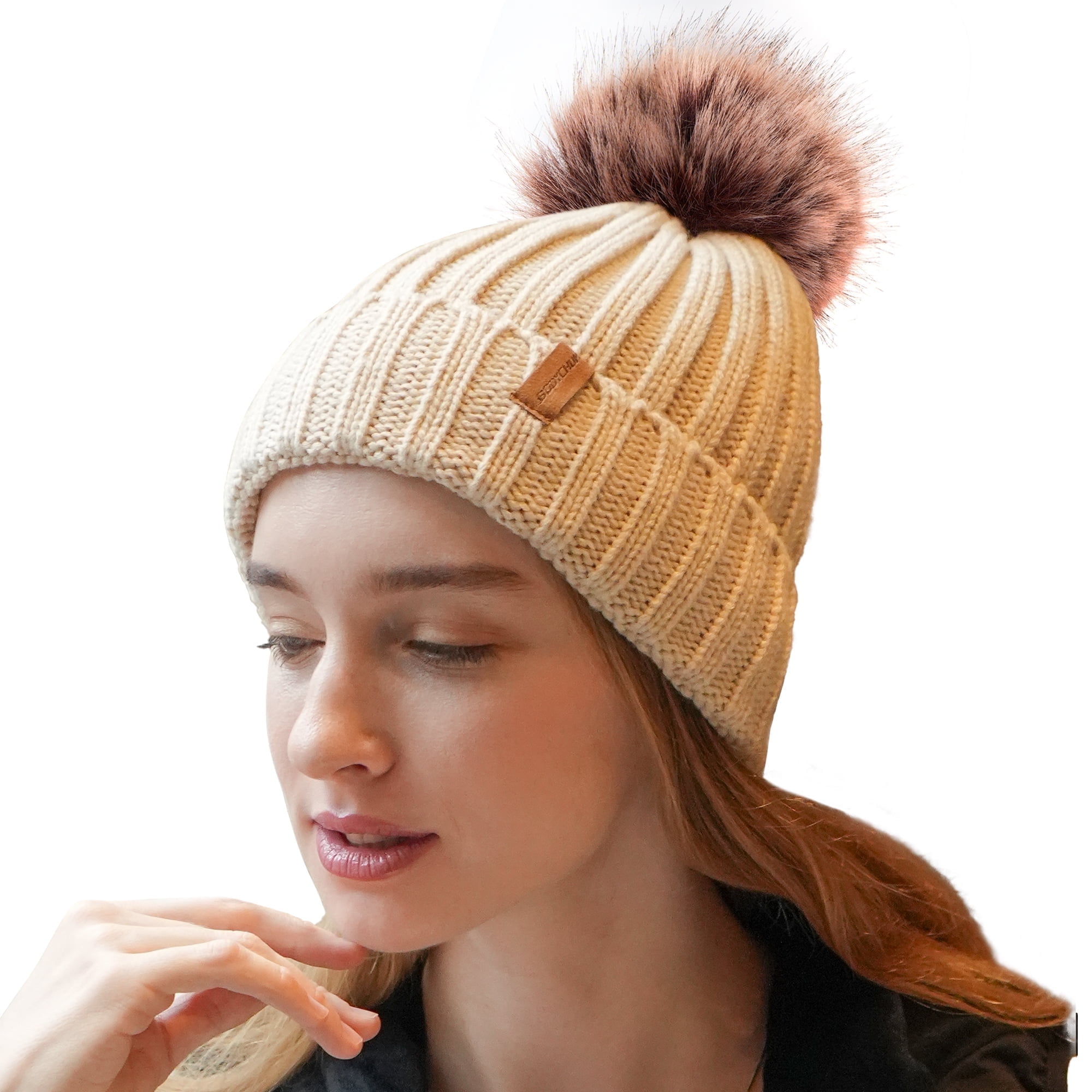 Women\'s Fleece Wool Lined Khaki Beanie Winter Warm Snow Knit Cross Pom Hat Cap Fleece Lined Womens Beanie Knit Hat,Winter Scarf Mask Set  main image 2