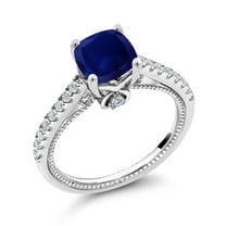 Gem Stone King 925 Sterling Silver Blue Sapphire and White Created Sapphire Engagement Ring for Women (2.30 Cttw, Cushion Cut 7MM, Available in Size 5, 6, 7, 8, 9)