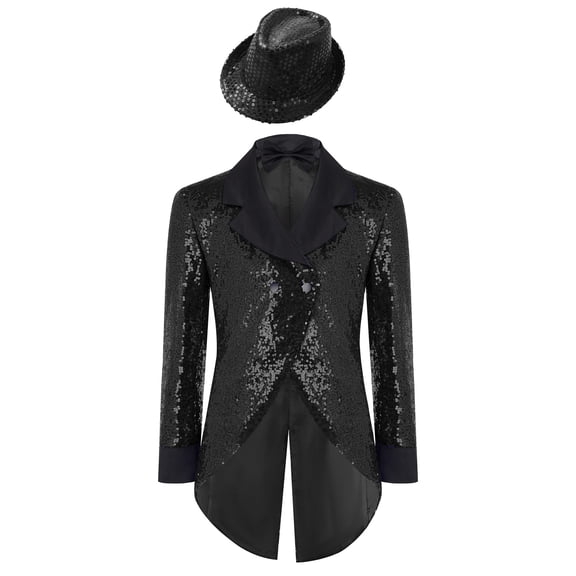 TiaoBug Sequin Tailcoat for Boys with Hat and Bow Tie Tuxedo Suit Jackets Shiny Birthday Party Disco Rave Outfit Black 8