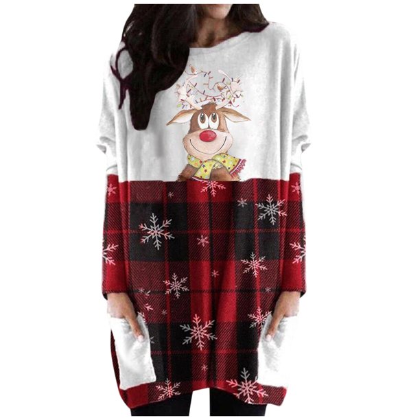 Vestidos de Navidad Para Mujer Nueva Moda Casual Estampado Manga Larga Bolsillo Cuello Redondo Contraste Color Top Ropa Vestido Odeerbi ODB199037
