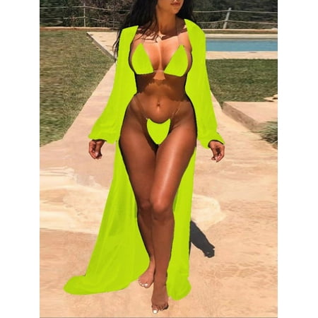 Women s Sexy Triangle Bikini Swimsuit Set Halter String Thong Bottom with Beach Cover Up Maxi Cardigan Set Padded Top Slide Tie Side String Bathing Suit Swimwear Beach Wear Pool Party Black S-XL