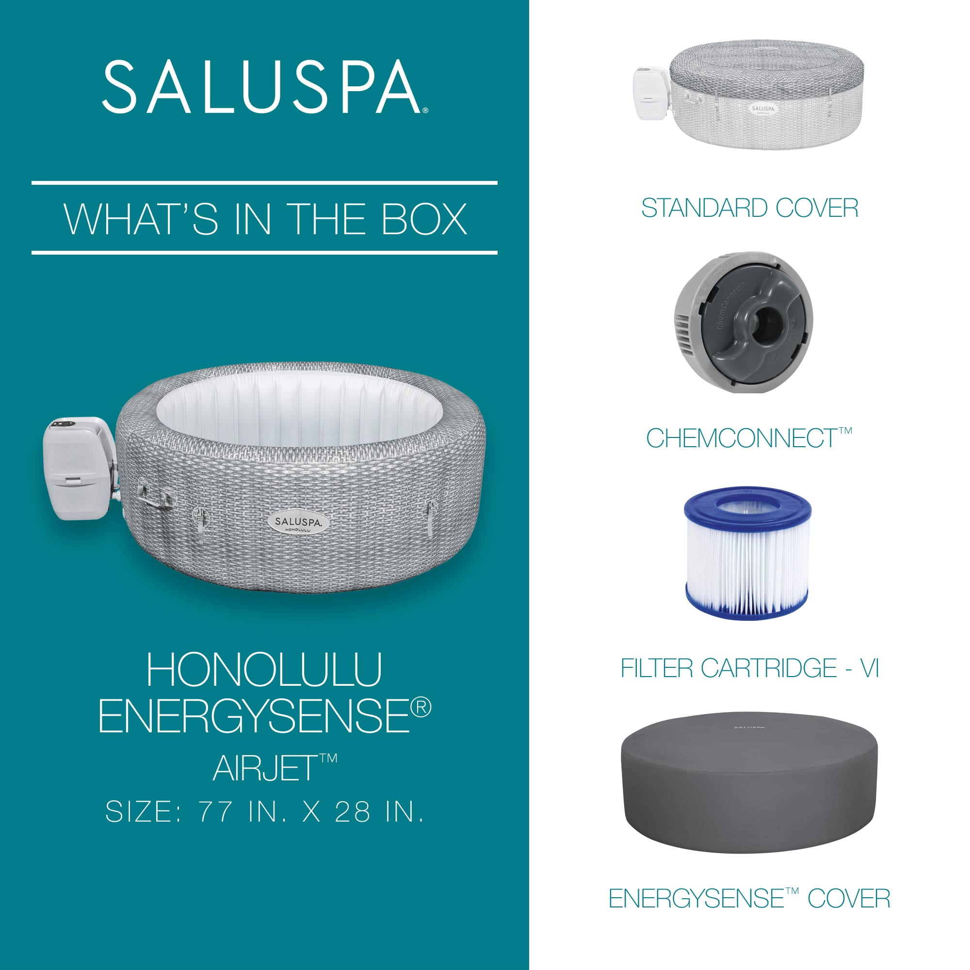 Bestway SaluSpa Honolulu 4-6 Person Inflatable Hot Tub, Round Energy-Efficient Spa, 77"x28"