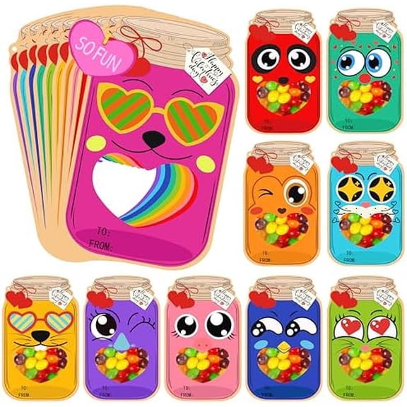 50 Pack Valentine Day Cards for Kids, Fun Mason Jar Valentines Day Candy Card, Kid Bulk Valentines Day Exchange Cards for Classroom School Party Favors(Candy Not Included)$$Office