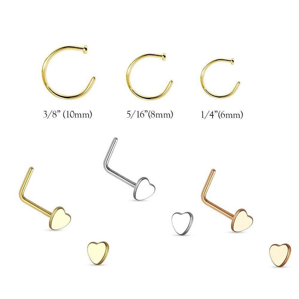 6Piece Nose Piercing Package, 3 nose rings and 3 Heart Design nose Stud
