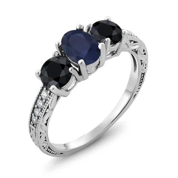 Gem Stone King 2.50 Ct Oval Blue Sapphire Black Sapphire 925 Sterling Silver Moissanite Ring (Size 7)