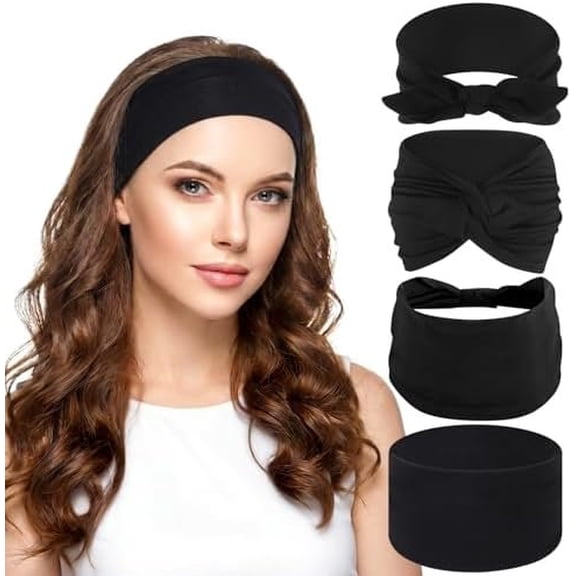 4 Packs Black Wide Headbands for Women Stretchy Anti-Slip Bands Multi Styles Headscarf for Yoga Workout and Daily Wear
