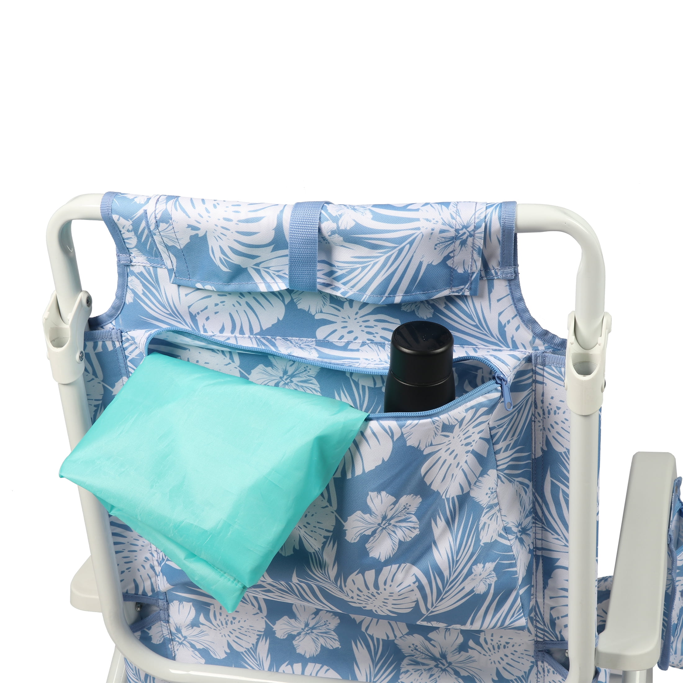 Mainstays Oversized Reclining Beach Chair with Backpack Straps, Blue Palm Print