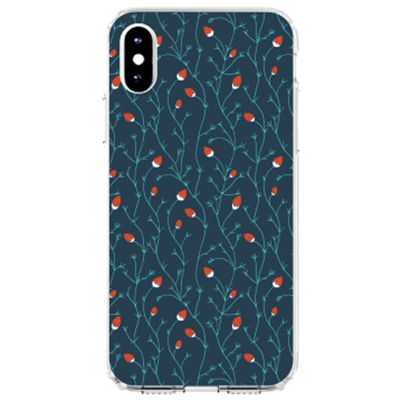 DistinctInk Clear Shockproof Hybrid Case for iPhone XR (6.1" Screen) - TPU Bumper, Acrylic Back, Tempered Glass Screen Protector - Modern Floral - Strawberry Vine - Teal Navy