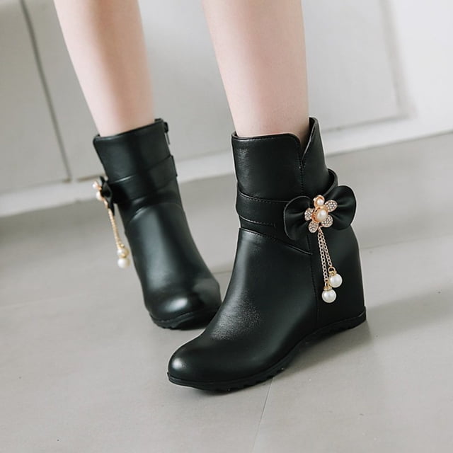 LSLJS Bottes Mi-Hautes à Talon Compensé pour Femmes, Mode, Couleur Unie, Nœud, Perles Décoratives, Bout Rond, Bottines et Bottillons pour Femmes, Bottes pour Femmes