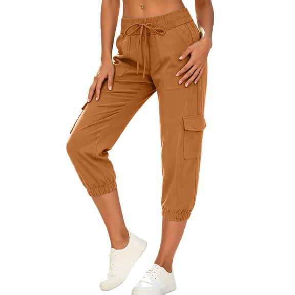 Lpmadey Women's Cotton Cargo Pants, Elastic Drawstring Waist Jogger Capris, Summer Outdoor Hiking Casual Cropped Pants