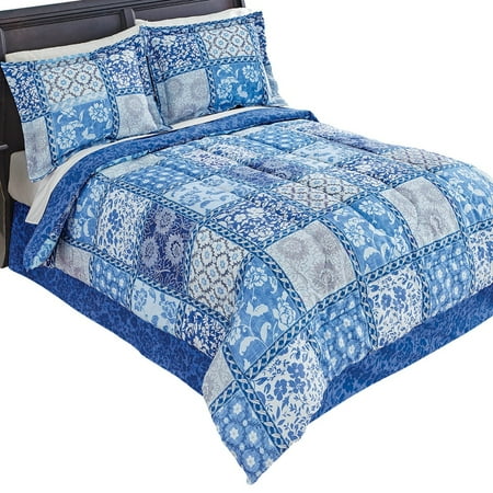 Quilt Comforter Sets Venice Blue Floral Patchwork Designed Reversible Medium-Weight Comforter Bed Set With Sham(s) and Bedskirt, Queen, Blue ()