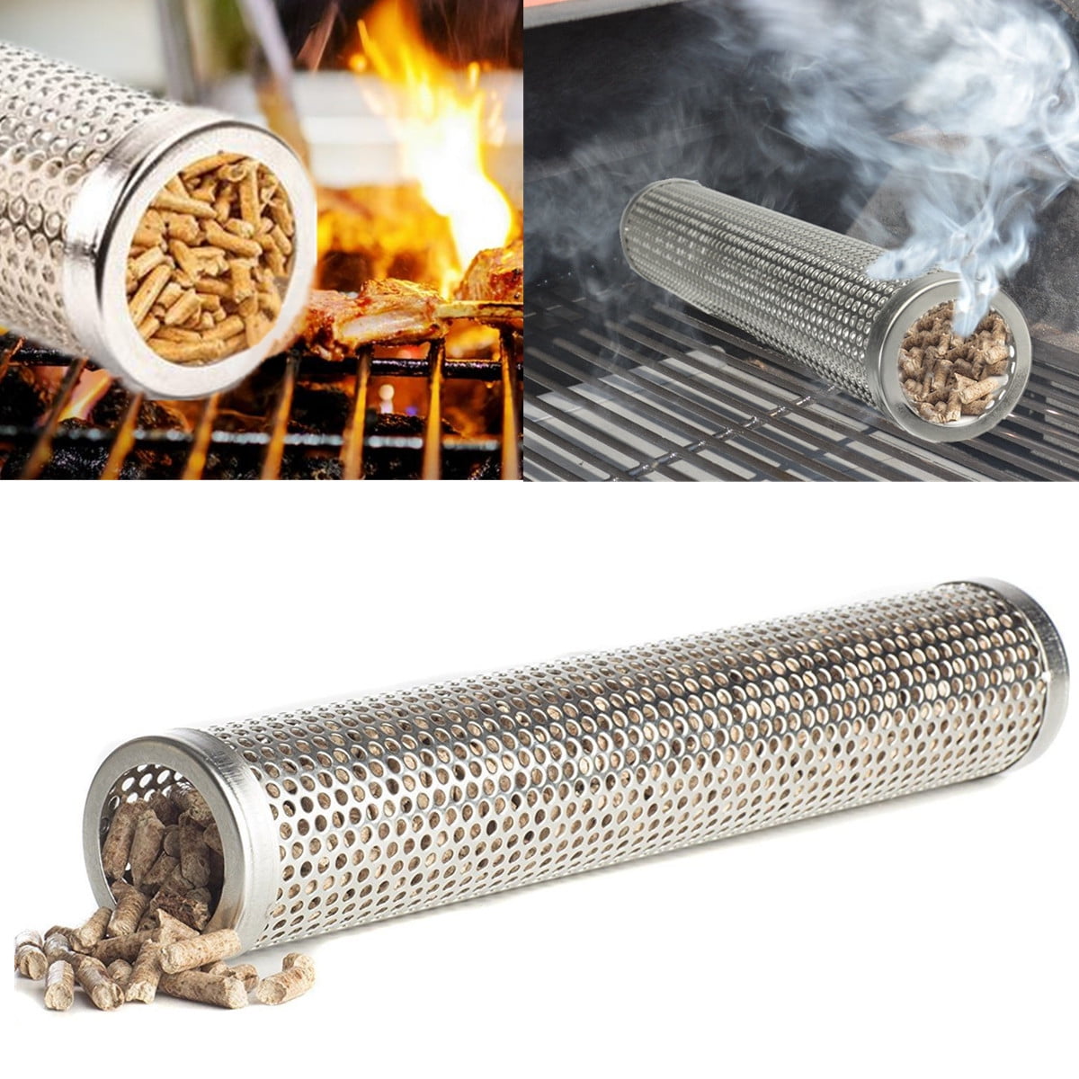 Fdit Smoker Tube 2Pcs BBQ Grill Smoker Tube Mesh Tube Pellets Smoke Box 6in Stainless Steel Barbecue Accessory for Electric Gas Charcoal 2#