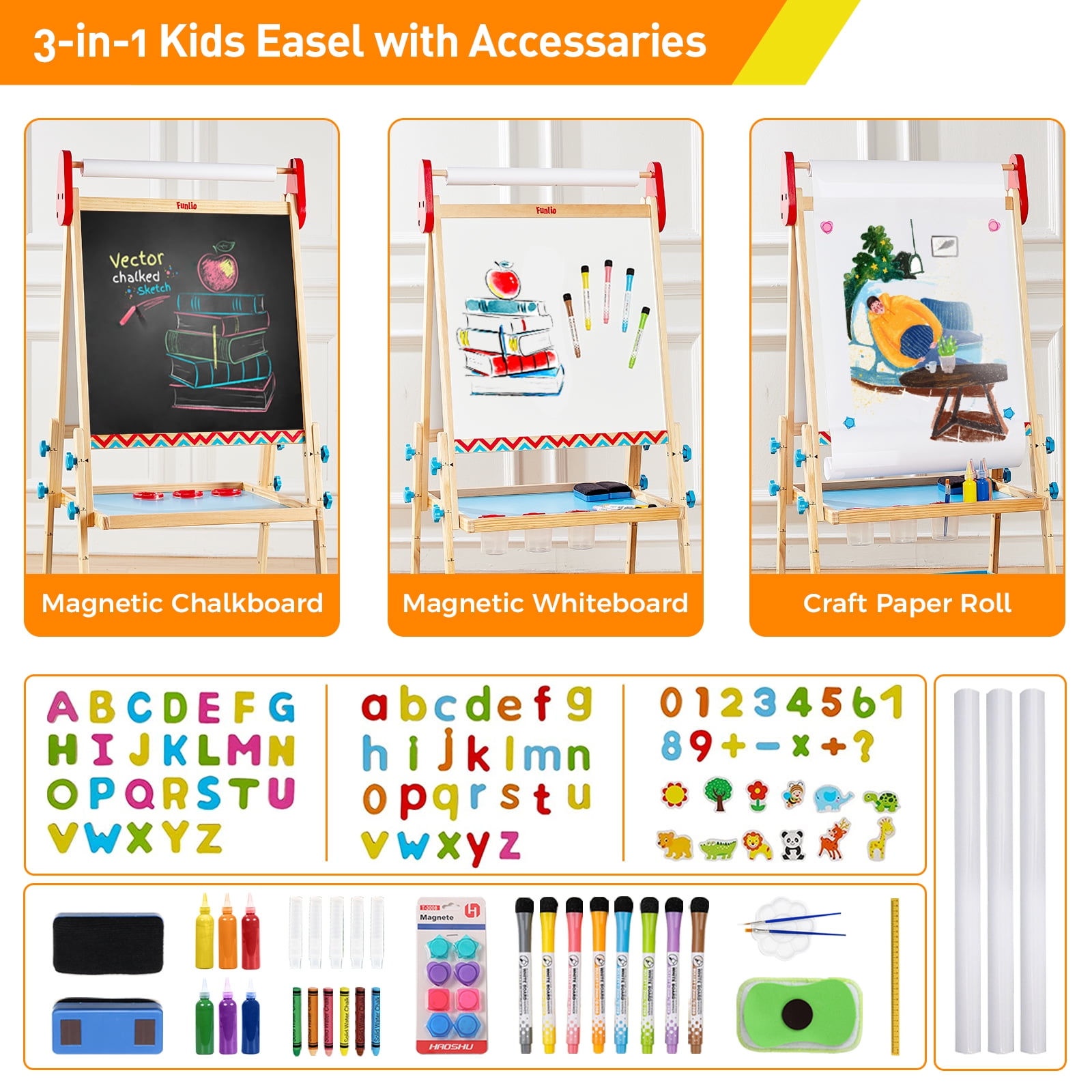 FUNLIO Art Easel for Kids Aged 2-8, 3-Level Height Adjustable, All-in-One Standing Easel with Paper Roll