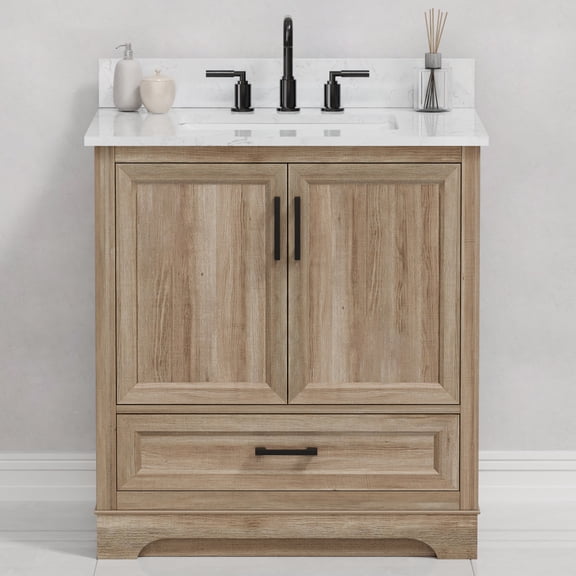 Retford 30" Single Bathroom Vanity, 31" W x 22" D x 34.5" H, Carrara White Engineered Marble Top with Sink & Backsplash, Light Wood, MDF, Pre-Assembled, Soft-Closing Drawer and Doors.