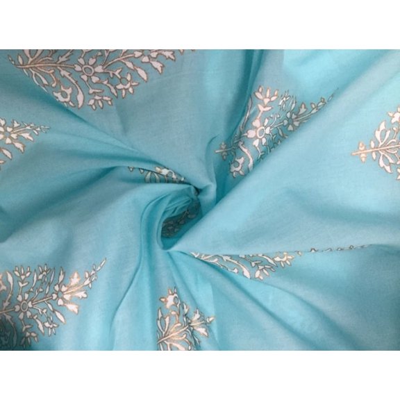 100% Cotton Printed light blue with floral golden jacquard Fabric 44" wide sold by the yard [11169]