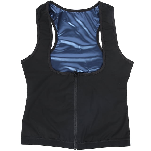 corsé deportivo con cremallera, chaleco de sauna, chaleco térmico para fitness, moldeador de sudor, valor excepcional — Chaleco negro con cremallera frontal, tirantes anchos y dobladillo con banda elástica; forro interior brillante azul metálico de doble capa que promueve aumento de sudor y compresión abdominal, diseñado para correr, yoga y uso diario.