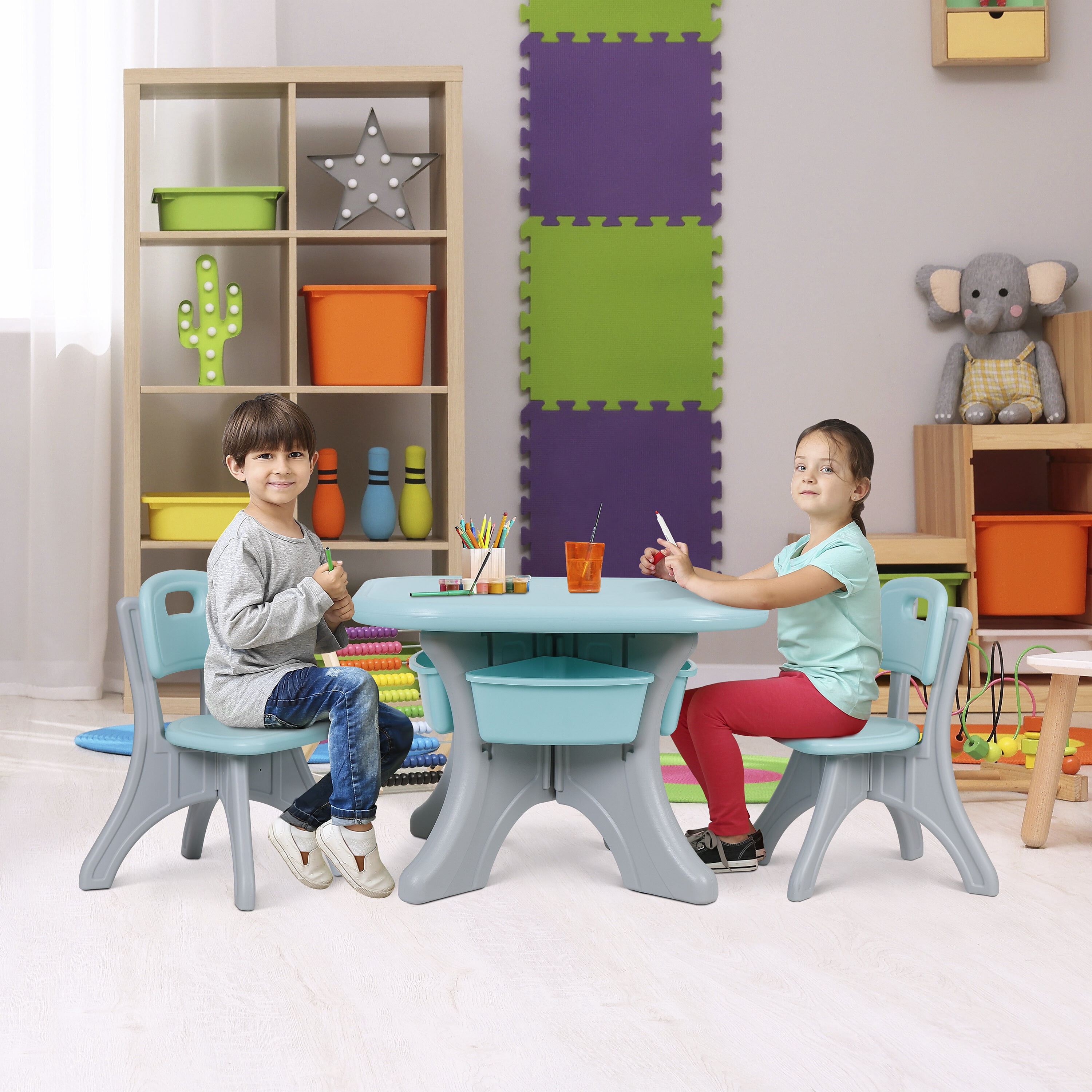 HomGarden Toddler Kids Table & 2 Chair Set 3Pcs Plastic Child Activity Table W/Storage Bins Blue