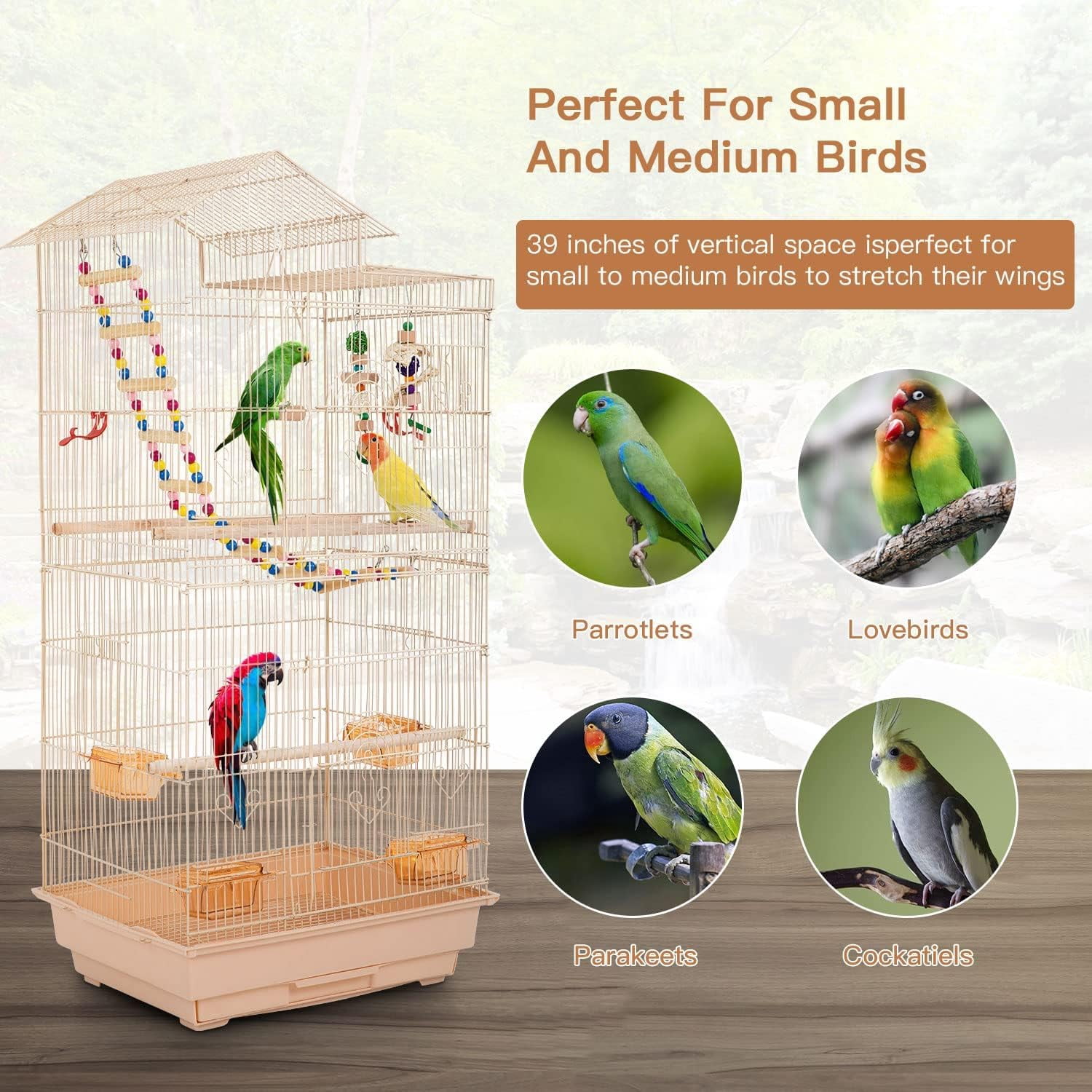 Dkelincs 39 inch Open Top Parakeet Bird Cage Large Flight Pet House Accessories with Toys, Almond