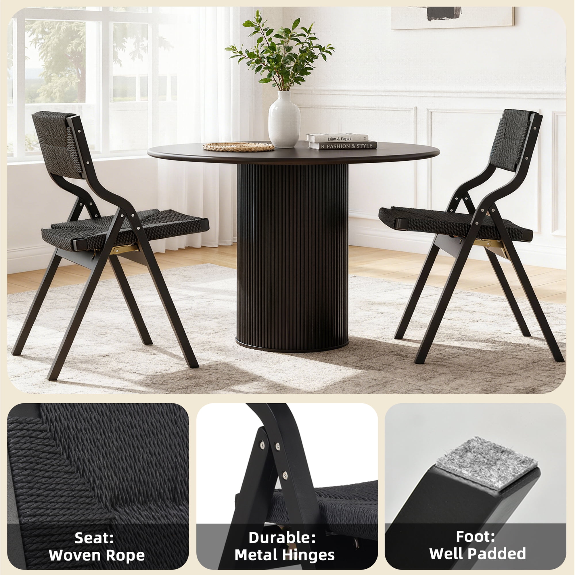 MAYEERTY 2-Set Wood Foldable & Stackable Dining Chairs for Dining Room, Woven Seat & Back, Black