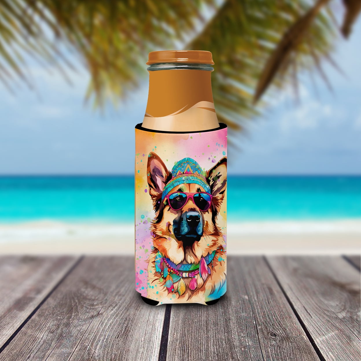 German Shepherd Hippie Dawg Hugger for Ultra Slim Cans 4 in x 6.5 in
