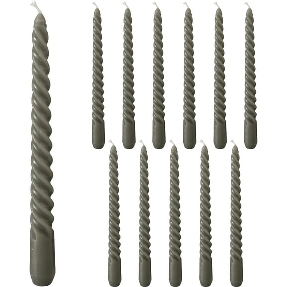 12 Piece Pale Dark Grey Twist Taper Candles, 2 Boxed Sets of 6, 4 Hours Burn Time, Paraffin Wax, 7.75 Inches