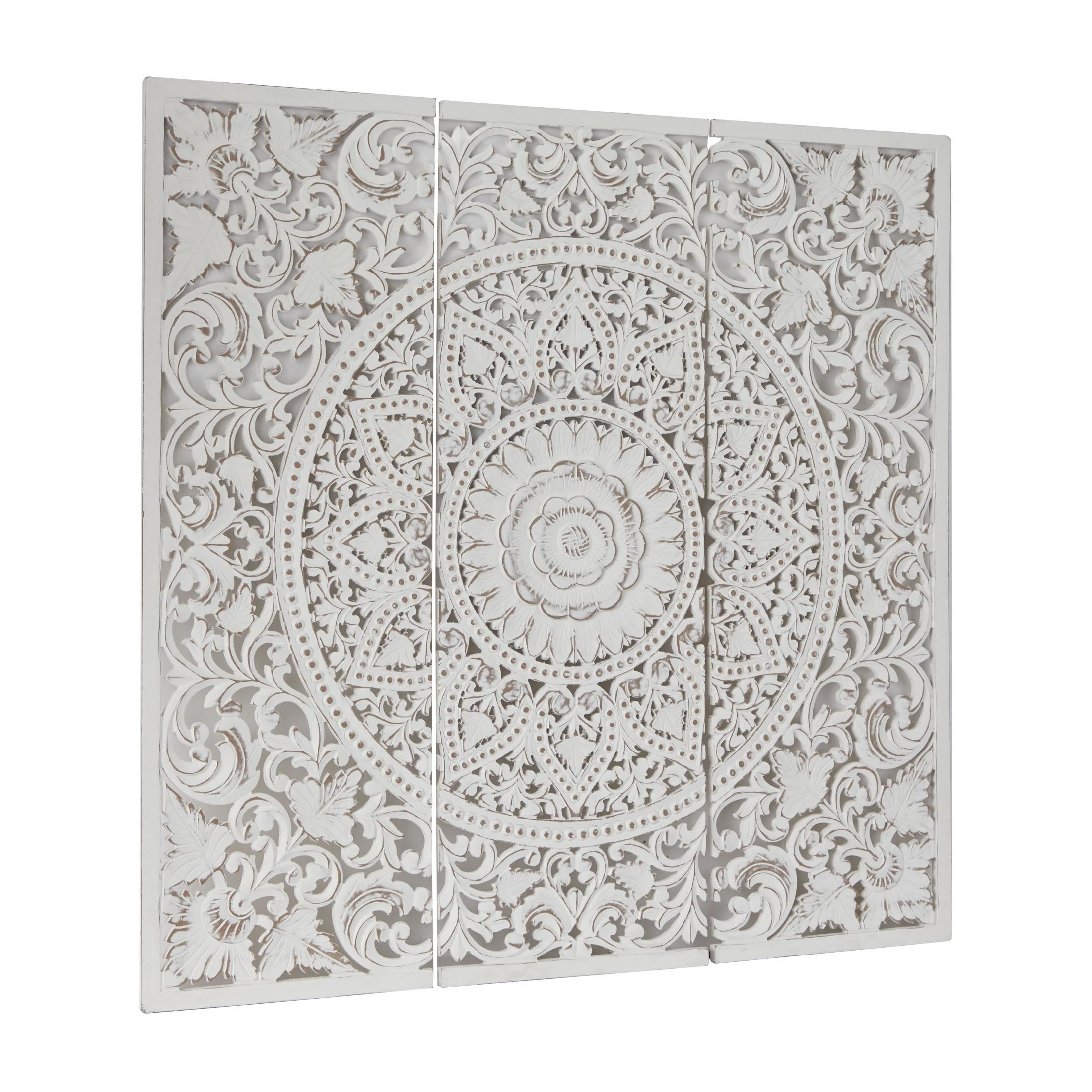 DecMode White Wooden Handmade Intricately Carved Floral Wall Decor with Mandala Design (3 Count)