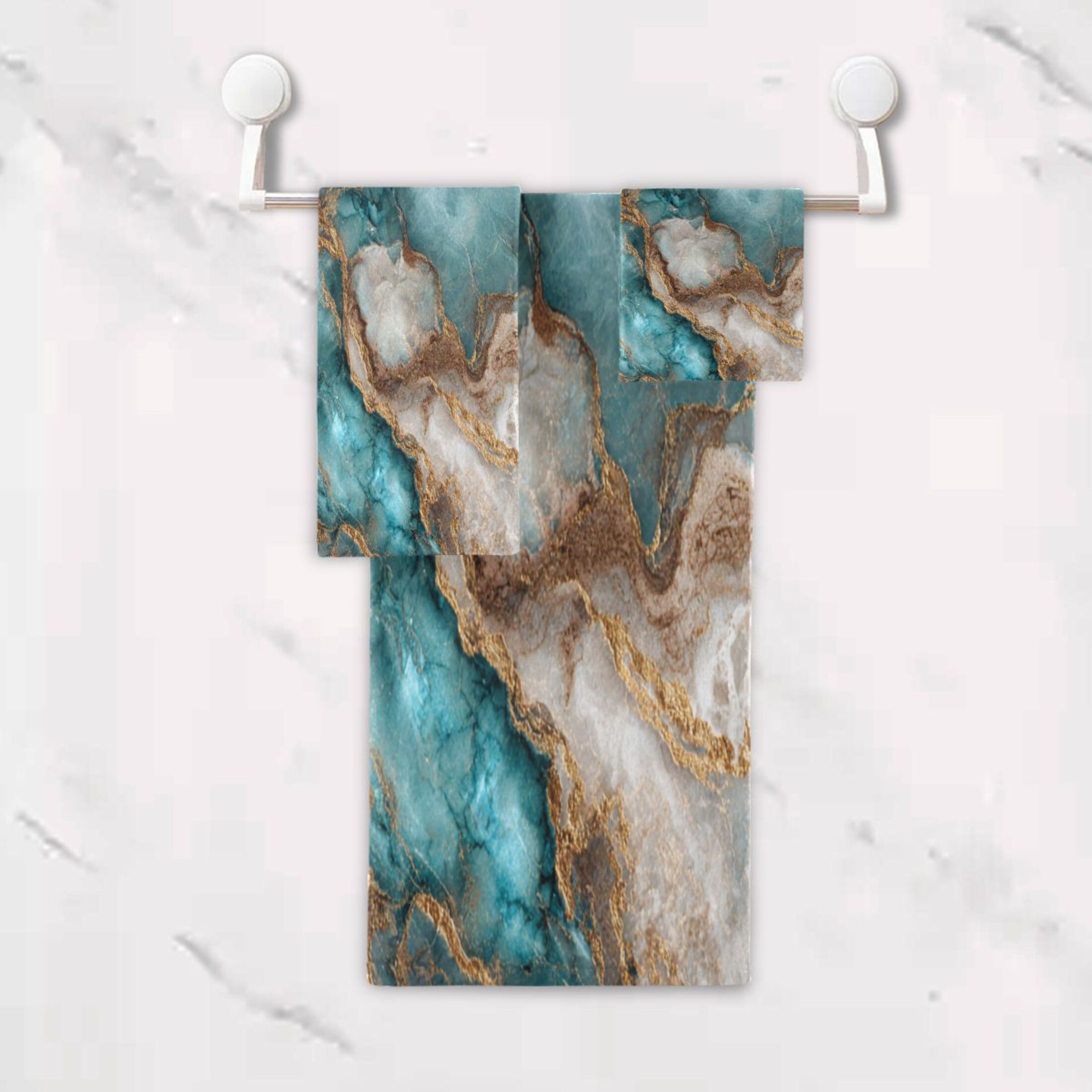 3 Sizes of Towel Sets Including Bath Towel Hand Towel and Washcloth for Daily Use Turquoise and Gold Marble