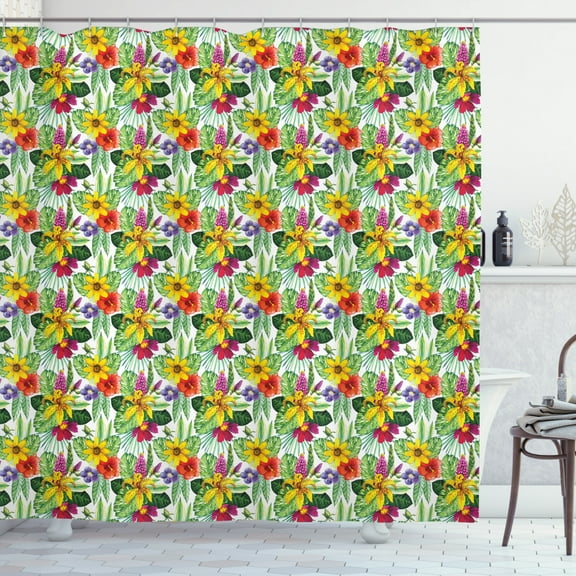 Jungle Shower Curtain, Tropical Plants Composition with Yellow Lily Chinese Hibiscus and Monstera Leaves, Fabric Bathroom Set with Hooks, 69W X 84L Inches Extra Long, Multicolor, by Ambesonne