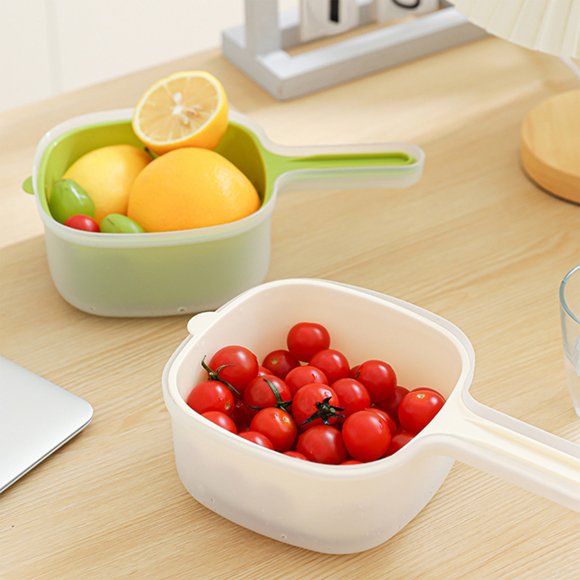 Cesta coladora de plástico con doble capa, recipiente de drenaje para lavar frutas y verduras, filtro de agua, contenedor de almacenamiento con cierre, 24 x 14 x 7,2 cm, color beige.