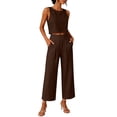 thumbnail image 3 of ClodeEU Women's Linen 2 Piece Outfit ,Sleeveless Crewneck Tank Top and Straight Leg Cropped Pants Set ,Casual Summer Office Wear Brown,Women's Plus S, 3 of 9