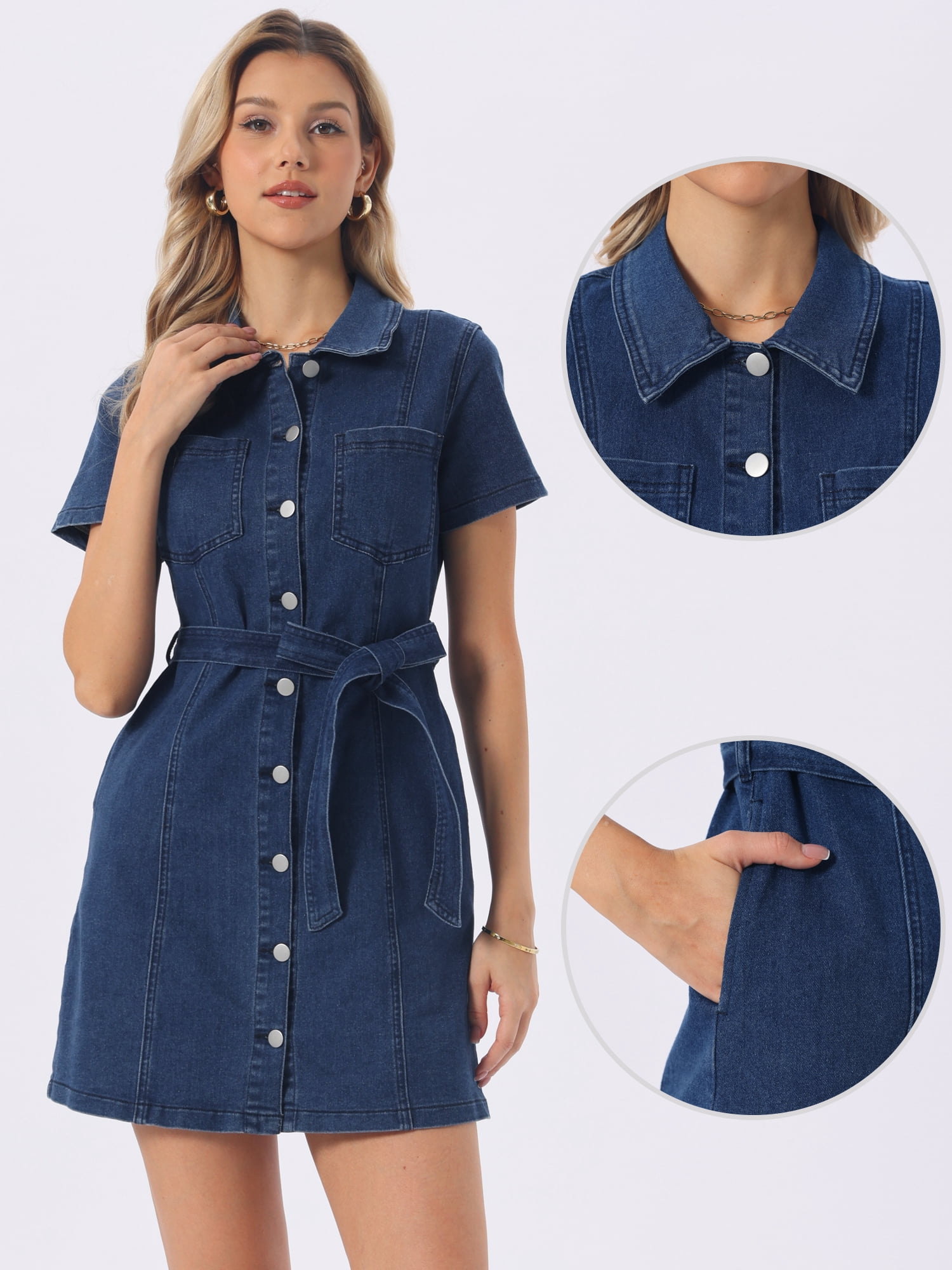 DARING DIVA Women's Denim Dress Button Down Short Sleeve Dresses L Deep Blue