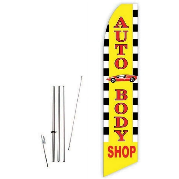 Auto Body Shop Yellow Super Novo Feather Flag - Complete with 15ft Pole Set and Ground Spike