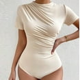 thumbnail image 2 of ZQUUVOU Women's Lightweight Ruched Bodysuit Cotton Short Sleeve Crew Neck Tummy Control Stretchy Casual Shapewear Beige, 2 of 5