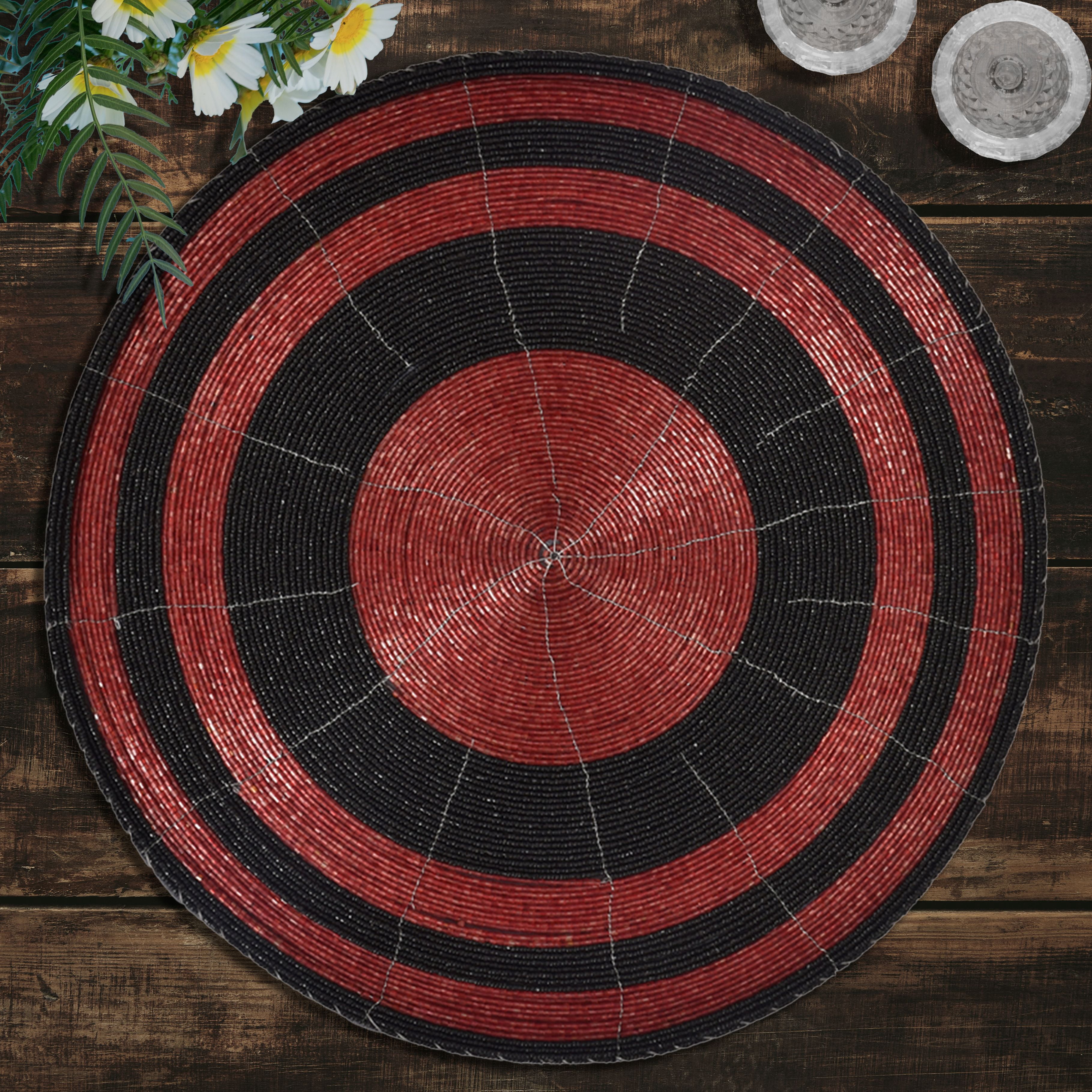 Beaded Placemats Set of 16 for Dining Table, Table Placemats, 14 Inches Round - Black Red