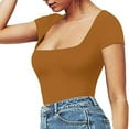 thumbnail image 3 of Siilsaa Women's Square Neck Bodysuit Short Sleeve Shirt Tops Gold,L, 3 of 5